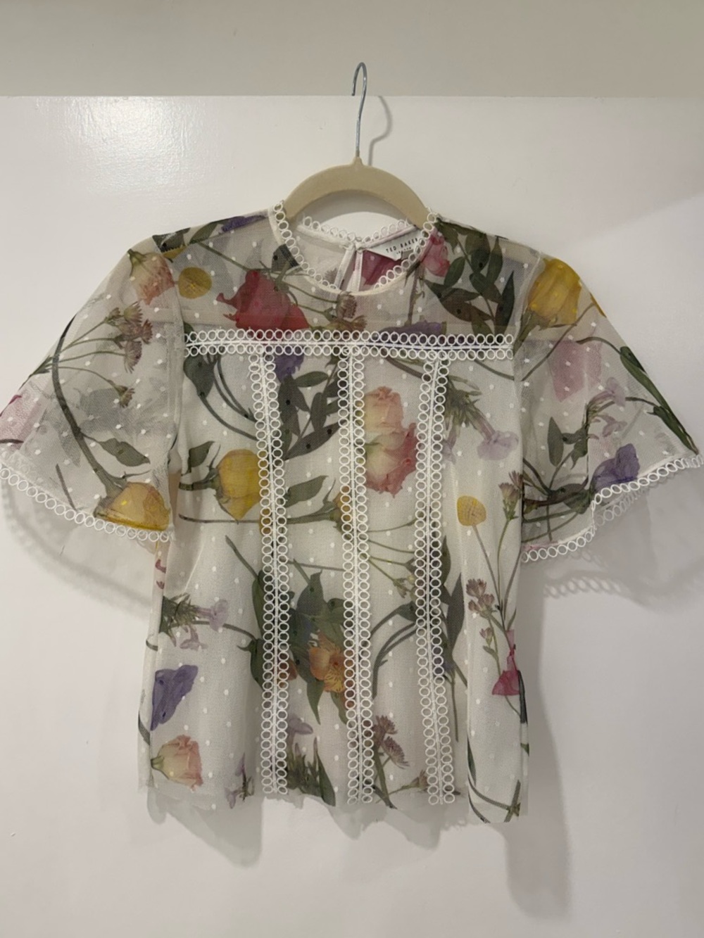 Ted Baker Floral Lace-Trim Blouse - White with Multi Floral Print